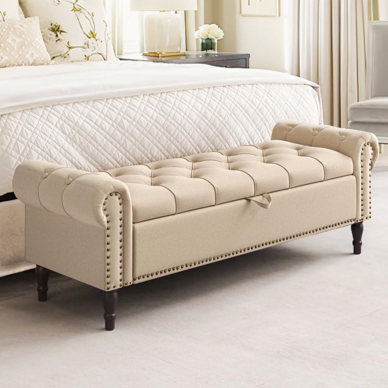 Image of 3-Seater Upholstered Ottoman Bench with Storage | Cream |62.4 x 20.1 x 20.7 Inch| Elegant Multi-Purpose with 6-Inch Wooden Legs for Living Room, Bedroom, Entryway