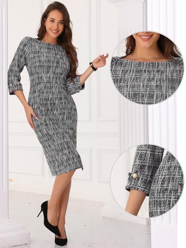 Image of Allegra K Tweed Dress for Women's Boat Neck 3 /4 Sleeve Elegant Work Pencil Sheath Dress
