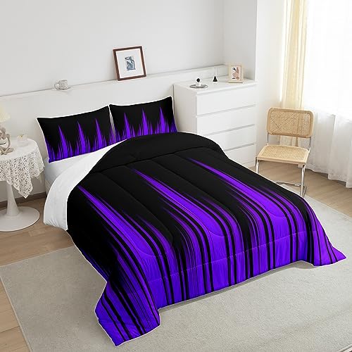 Image of Feelyou Purple Ombre Comforter Queen Size for Boys Girls, Abstract Gradient Lines Duvet Set Room Decor Microfiber Bed Set