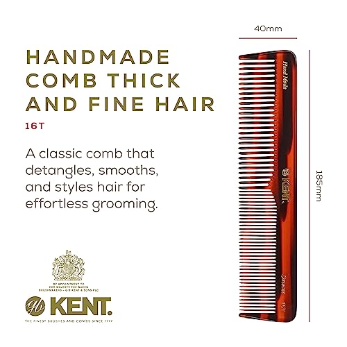 Kent 16T Tortoise Fine Tooth and Wide Tooth Comb for Daily Grooming, Styling Comb for All Hair Types, Wet or Dry Hair Detangling Combs for Men and Women,Saw Cut Hand Polished, Made in England
