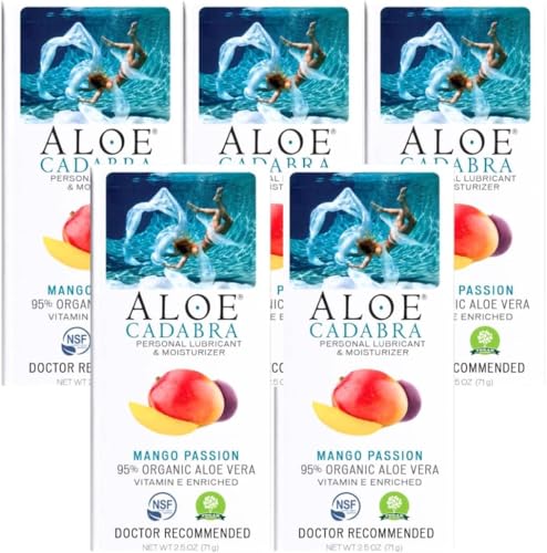 Image of Aloe Cadabra Flavored Personal Lubricant & Vaginal Moisturizer, NSF Certified Organic Edible Lube for Men, Women & Couples, Non-Staining, pH Balanced, Toy Compatible (Mango Passion, 2.5oz, Pack of 5)
