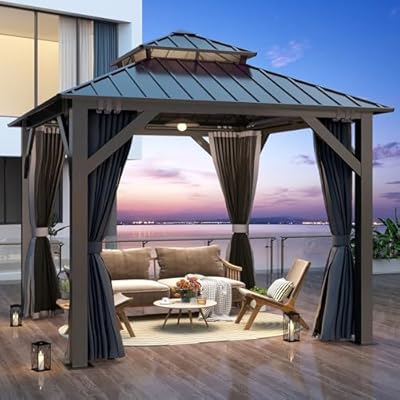 GARTOO 8.5x8.5FT Outdoor Hardtop Gazebo - Aluminum Heavy-Duty Galvanized Steel Top Gazebo with Breathable Netting & Privacy Curtain, Double Roof Gazebo for Patio, Porch, Garden, Lawn, Deck, Backyard