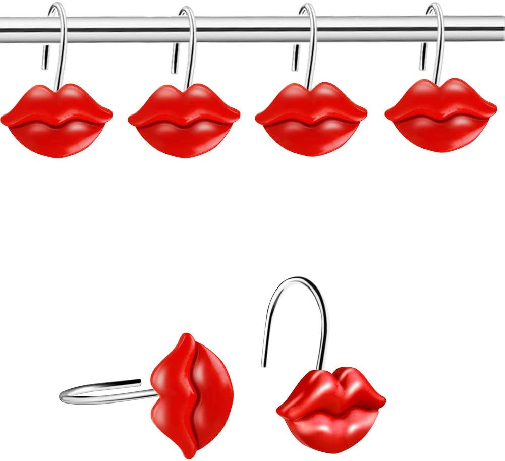 Red Lips Shower Curtain Hooks, Metal Decorative Resin Hooks, Shower Curtain Rings for Bathroom, Living Room Shower Rods Curtain and Liner, Rustproof Metal Hooks -12 Sets