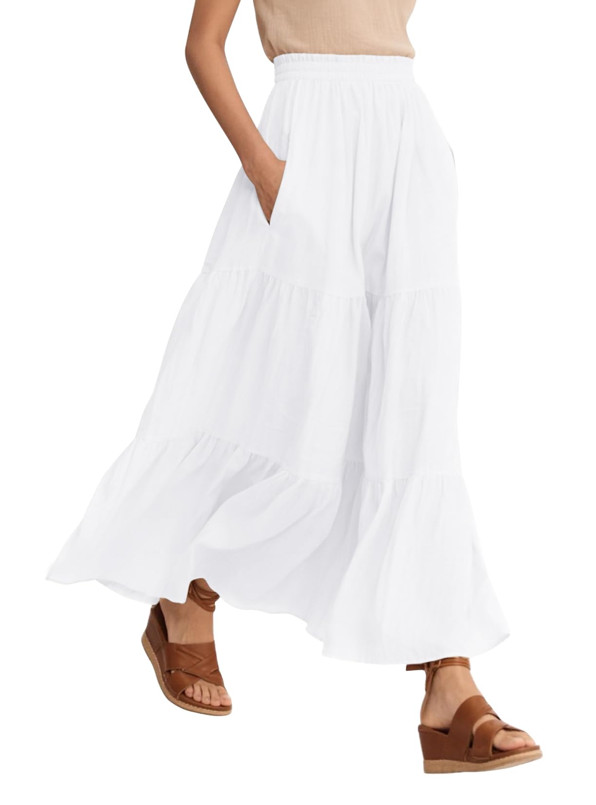 Urban CoCo Womens Summer Boho Flowy Tiered A-Line Maxi Skirt Elastic Waist Ruffle Beach Long Skirts with Pockets