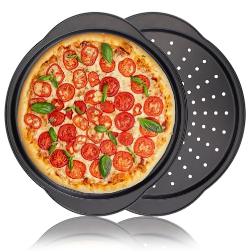 hunnycook 2 Pcs Pizza Trays for Oven -13 Pizza Pan with Holes and Handle, Carbon Steel, Non Stick Baking Tray Set for Cooking, Baking, Dishwasher Safe