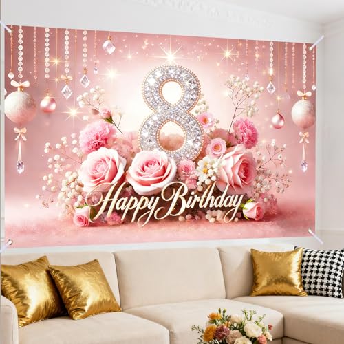 Image of Nuxovilar 8th Birthday Banner - Elegant Pink & Gold Floral Backdrop