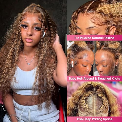Image of Honey Blonde Wig Human Hair Deep Wave 13x6 Lace Front Wigs 28 Inch