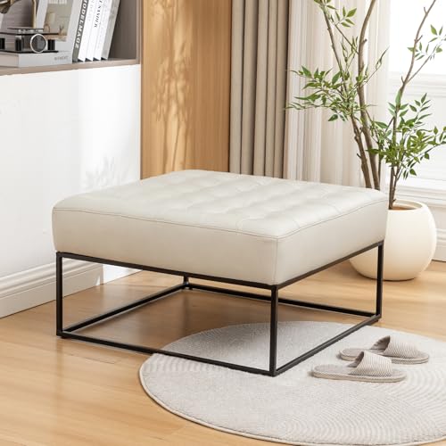 Image of Modern Genuine Leather Square Coffee Table, 30'' Farmhouse Ottoman for Living Room, Large Vintage Genuine Leather Coffee Tables with Leather Upholstered Padded Seat Beige