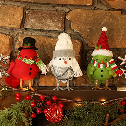 Prsildan Christmas Table Decorations Birds, Set Of 3 Christmas Bird Figurine Table Top Decor, Green Red Gray Xmas Birds Ornaments For Winter Home Kitchen Fireplace Mantel Holiday Party #TOP3