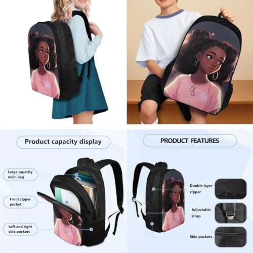 Black African Girl 3 Pcs Backpack Set for Preschool Boys Girls School Bag for Kids Afro Magic Girl Book Bag with Leakproof Lunch Box and Pen Box for Children Daypack2