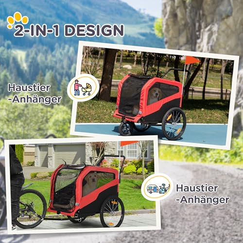 PawHut 2-in-1 Hundeanhänger, Fahrradanhänger für Hunde, Hundewagen mit Reflektoren, Hundebuggy max. 30 kg, Hundefahrradanhänger für Große Hunde, Oxford-Gewebe, Rot
