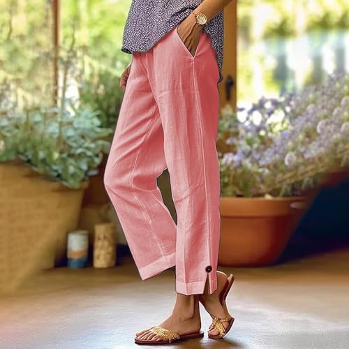 Image of Linen Pants Women 2026 Summer Beach Vacation Trousers Elastic Waist Linen Capris Pants Boho Casual Travel Pant