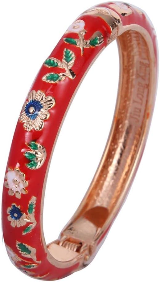 Chinese Style Bracelet Women's Vintage Fashion BraceletWomen's Bangle Bracelet Golded Alloy Hinged Flower Enameled Cloisonne Jewelry (wathet#6)