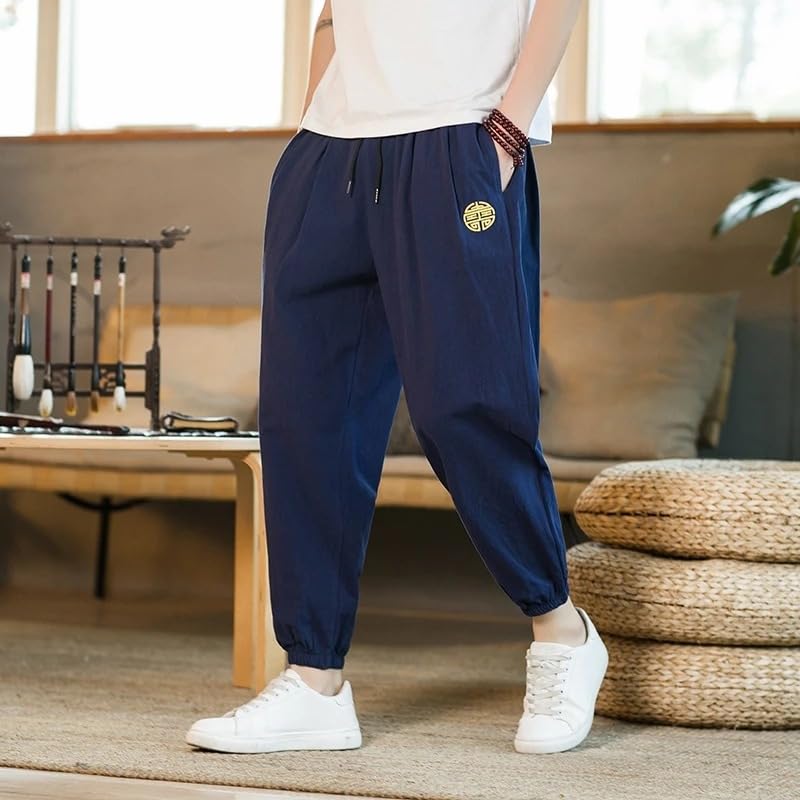 Summer Chinese Style Cotton Linen Casual Ninth Pants Men Embroidery Loose Harem Pants2