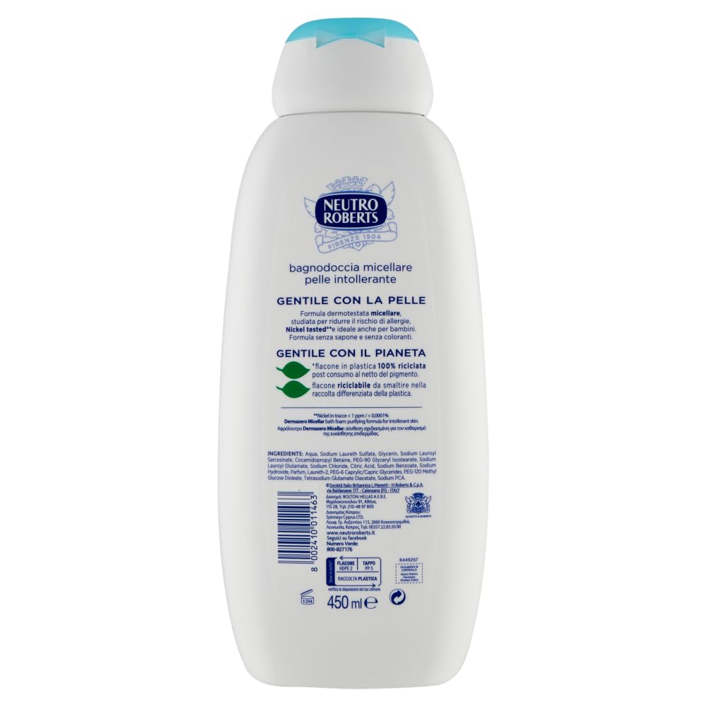 Neutro Roberts Bagnodoccia Dermazero Micelar - Gel de ducha micelar (12 unidades, 0% jabón y colorantes, 450 ml, incluye llavero Beni Culinari gratuito)