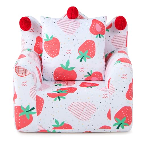 Costzon Kids Couch, Foam Filled Children's Sofa Armchair w/Padded Pillow, Washable Velvet Cover & Soft Sponge Filling, Upholstered Sofa Chair Gift for Preschool, Playroom, Toddler Couch (Strawberry)