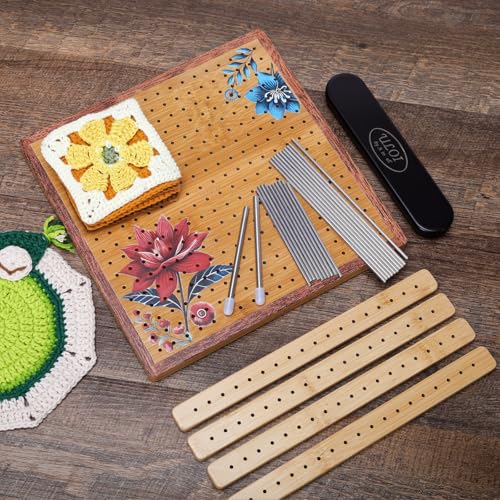 Image of 10 inchCrochet Blocking Board - Upgraded Style with 4 Tension Rods and 20 Pegs - Blocking Boards for Crochet Projects, Ideal for Granny Square Card Deck Users (Crimson)
