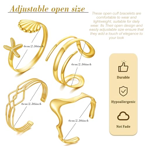 BROCC 4PCS 14K Gold Plated Stackable Cuff Bracelets Set for Women Adjustable Open Cuff Bangle Bracelet Hammered Wrist Thin Minimalist Gold Cuff Bracelets2