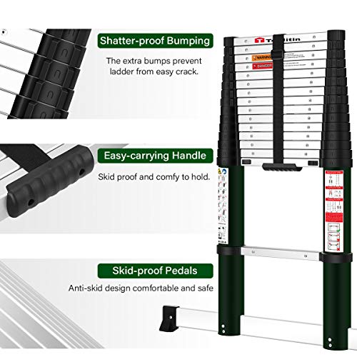 TOOLITIN 15.5FT Telescoping Ladder with Stabiliser Bar,Slow Down Design Aluminum Telescopic Extension Ladder, One Button Retraction Multi-Purpose Collapsible Ladder, 330 Lb Capacity - Thumbnail 5