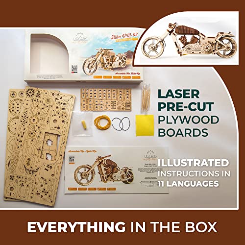 UGEARS 3D Puzzle Erwachsene Holz - 3D Holzbausatz Motorrad Modell mit Gummibandmotor - Mechanischer Modellbausatz Motorrad Bausatz - 3D Holzpuzzle für Erwachsene und Jugendliche (Motorrad VM-02)