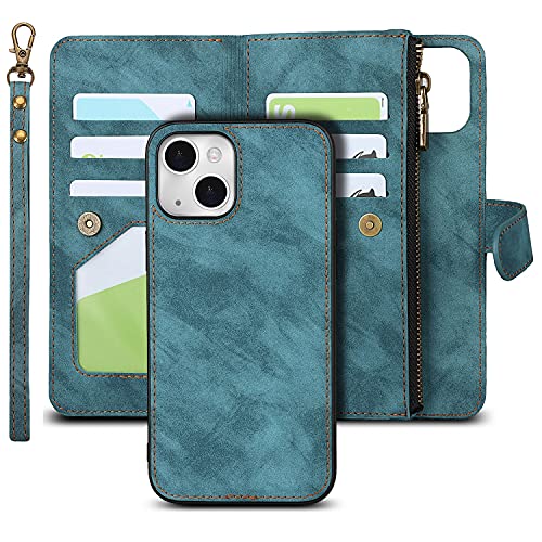 iCoverCase iPhone 13 Wallet Case with Card Holder, 2 in 1 PU Leather Magnetic Clasp Zipper Pocket Shockproof Detachable Flip Wrist Strap for (Blue), 13-Detachable--Blue