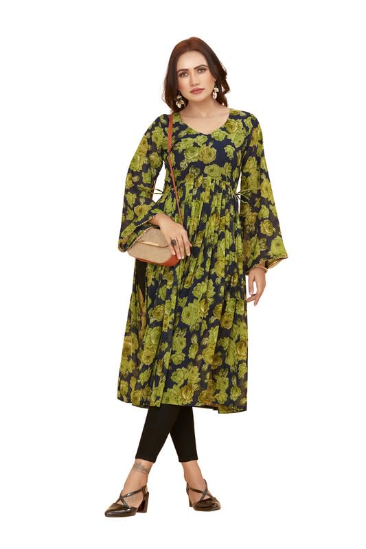 Image of ODD BY chansi TRENDZ Women's Poly Georgette Long Sleeves V-Neck Flared Kurti