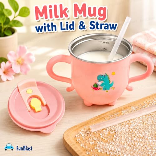 Image of FunBlast Milk Mug for Kids - Dinosaur Print S316 Stainless Steel Mug for Kids, Insulated Milk Cup with Lid & Straw, Water, Juice Drinking Mug, Glass, Cup for Kids - 200 ML (Pink)