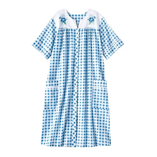 Image of AmeriMark Women Calf-Length Snap Front Knit Duster House Coat Robe - Loose-Fitting Plush Bathrobe - Short Sleeve Bath Robe