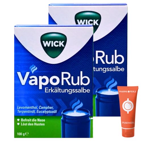 WICK VapoRub Erkältungssalbe 100 g I Zum Einreiben & Inhalieren I Wohltuende Dämpfe in der Erkältungszeit I Menthol, Kampfer & Eukalyptusöl I Für freies Atmen I Spar-Set plus Pharma Perle (2x)