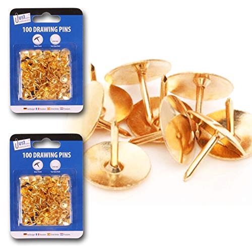 200x Strong Brass Plated Drawing Pins with Flat Head