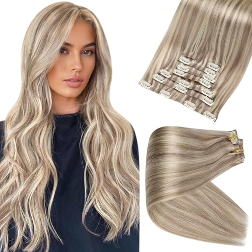 Image of Full Shine Clip in Hair Extensions Ash Blonde Highlight Bleach Blonde Seamless Clip in Human Hair Extensions 16 Inch Human Hair Extensions With Highlights PU Clip in Extension 120 Grams 8 Pcs