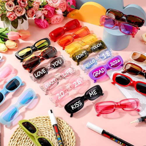 Image of Flutesan Personalized Rectangle Sunglasses with Marker Pens for Adult DIY Custom Birthday Wedding