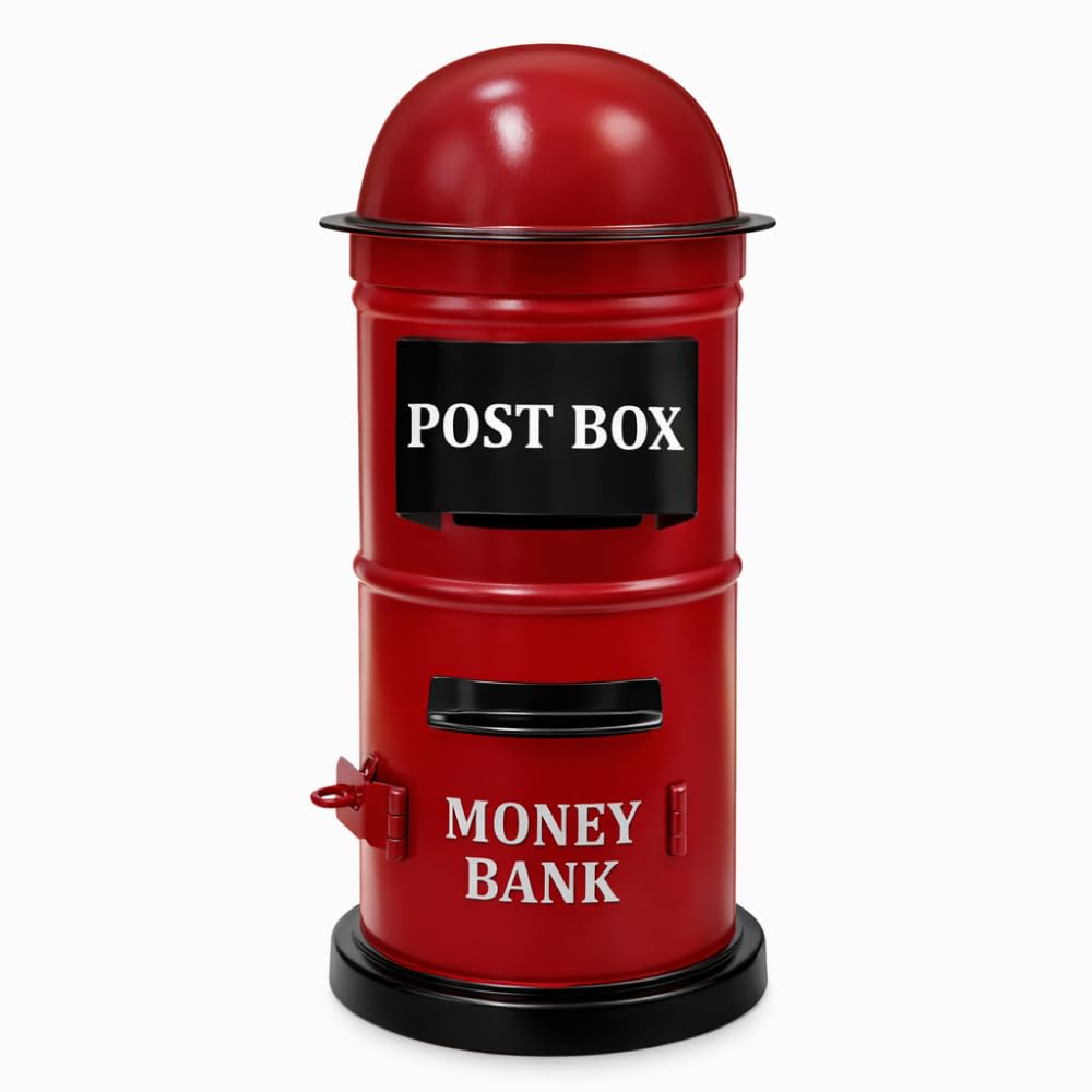 Handmade Luxury Red Post Box Money Bank | Vintage Iron Piggy Bank for Kids & Adults | Coin Box with Lock | Retro Mailbox Décor | 20cm × 9cm-image-8