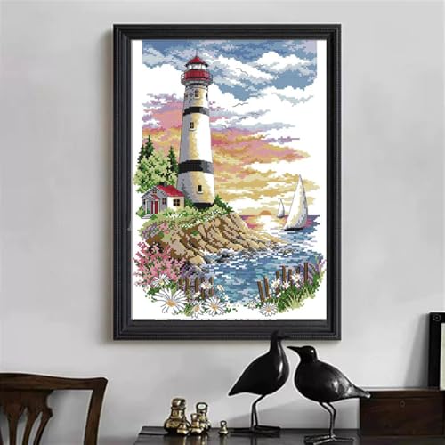 Image of JOYSEWING Sea Scenery Counted Cross Stitch Kits for Adults DMC Colored Thread Embroidery Art, DIY Beginner-Friendly Home Decor Birthday Craft kit Wall Art -Lighthouse(Printed) 15x20.1 inch
