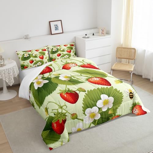 Image of Feelyou Strawberry with Floral Comforter Fruit Comforter Set for Kids Girls Botanical Flora Leaves Bedding Set Soft Quilt 1 Comforter Set with 1 Pillowcase Twin Size Boys
