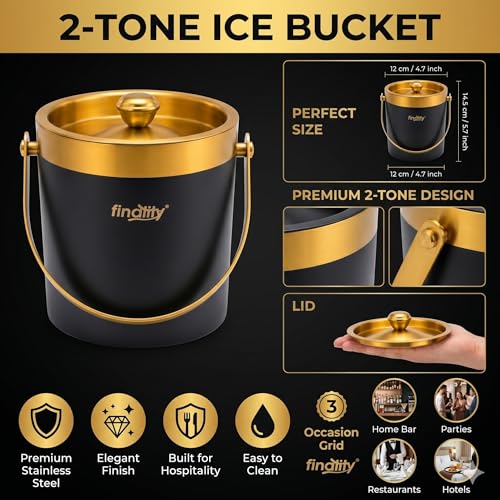 Image of finality 1 LTR Double Walled Stainless Steel Insulated Ice Bucket with Lid (Gold+Black)
