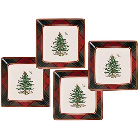 Spode Christmas Tree Tartan Square Tidbit Plates Set Cover