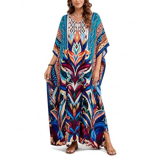 Image of Gypsie Blu Women Plus Size Kaftan Dress Beach Cover Up Maxi Dresses for Women, V-Neck Kimono Sleeve 1X-3X