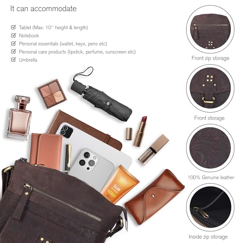 Image of Oak Leathers Leather Crossbody Bag For Women With Adjustable Sling Strap - Medium Size Crossover Shoulder Handbag Purse (Brown)