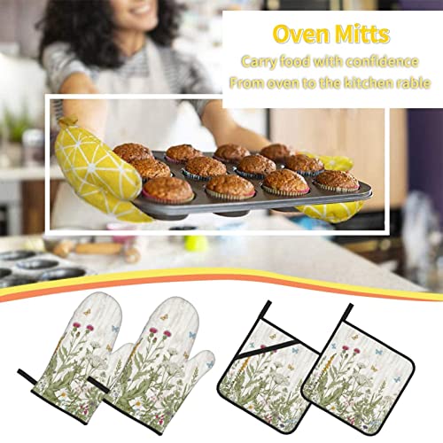 Oven Mitts And Pot Holders Sets Wild Flower Non-Slip Heat Resistant Oven Gloves And Anti Scald Hot Pads For Kitchen Cooking Baking Grilling Bbq (4 Pcs Set) #TOP6