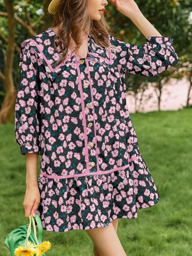 Wenrine Womens Casual Shirt Dresses 3/4 Long Sleeve Floral Button Down Flowy Babydoll Fall Mini Dress3