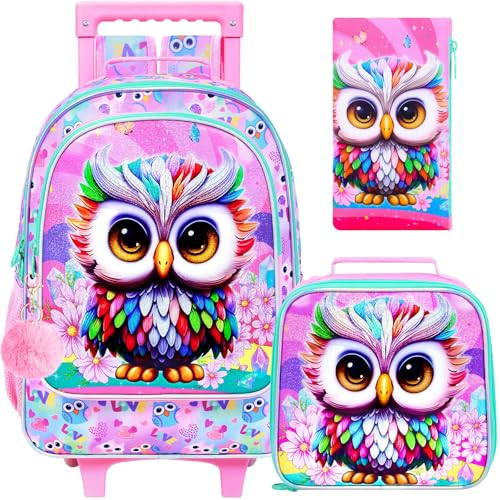HPJGD 3 peças de mochila com rodinhas de coruja para meninas, mochilas escolares infantis com rodas, resistente à água, impressão UV, conjunto de mochilas com rodas, Mochila rolante rosa com estampa