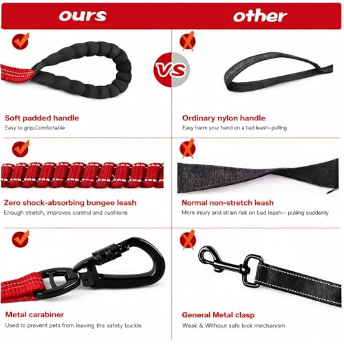 Image of 6-in-1 Tactical Dog Leash for Large & Medium Dogs, Heavy Duty Bungee Leash with Dual Handle, Reflective Shock Absorbing Nylon Training Leash with Car Seat Belt (Red)