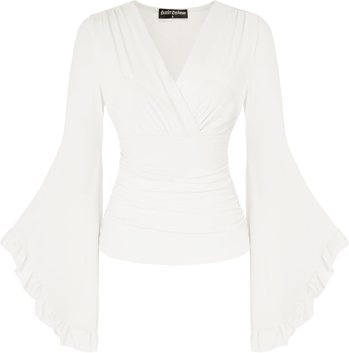 Scarlet Darkness Renaissance Shirt Women V Neck Long Bell Sleeve Wrap Casual Ruched Top