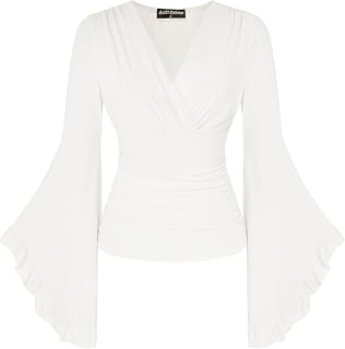 Renaissance Shirt Women V Neck Long Bell Sleeve Wrap Casual Ruched Top