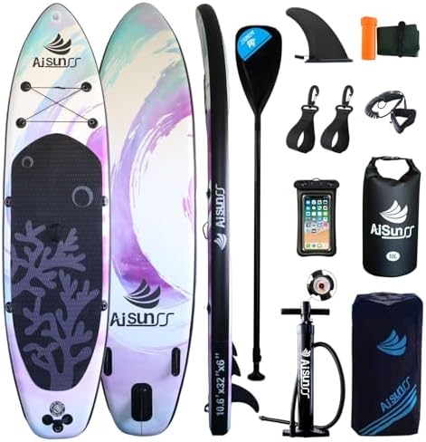 AISUNSS Inflatable Paddle Board for Adult, Paddle Board for All Skill Levels, Wide SUP Board with Primium Accessories Include SUP Carry Bag, Hand Pump, 10L Waterproof Bag and Adj Paddle