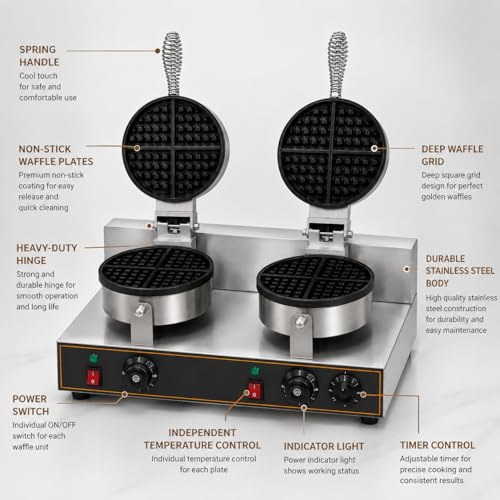 Image of Double Head Round Belgian Waffle Machine, Commercial Electric Waffle Maker Machine, Professional Belgian Waffle Baker for Cafe Bakery