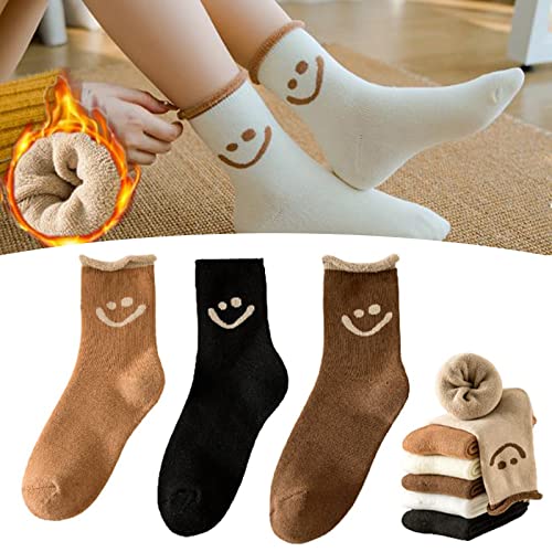 QEWI Lovely Smile Face Cotton Socks, 6 Pairs Cartoon Smiley Face Socks, Autumn Winter Smiley Face Socks Thicken Plush Thermal Ankle Mid Tube Sock (3 Pairs-D)