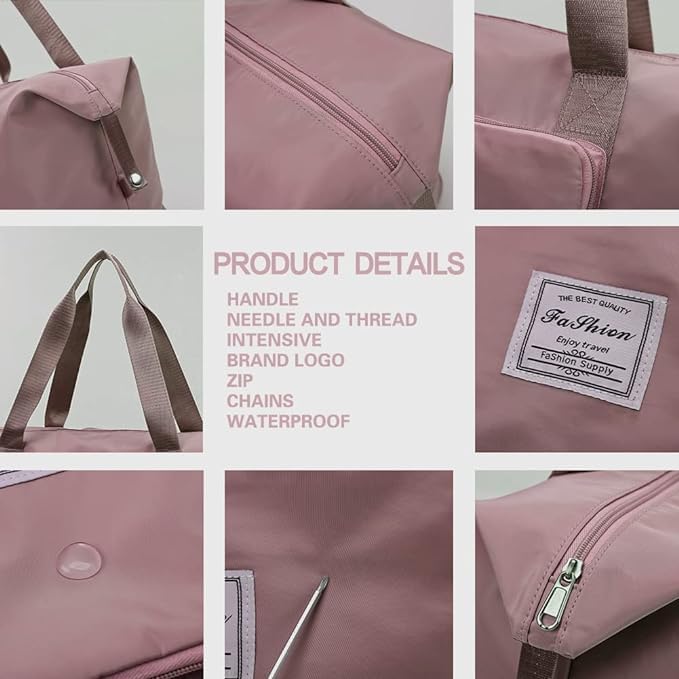 Image of Large Capacity Folding Travel Tote Bag, Oxford Fabric Waterproof Lightweight Foldable Travel Duffel Bag, Portable Expandable Travel Bag, Dry and Wet Separation Carry On Bag for Airplanes (Pink)