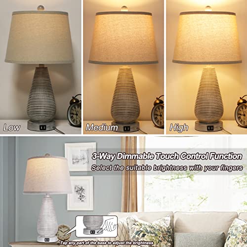 Table Lamps For Bedrooms Set Of 2, Touch Bedside Lamp With 2 Usb Ports, Grey Farmhouse Lamps For End Table, Nightstand Lamp With Linen Shade For Side Table, Vintage Lamp With 2 Bulbs For Living Room #TOP2